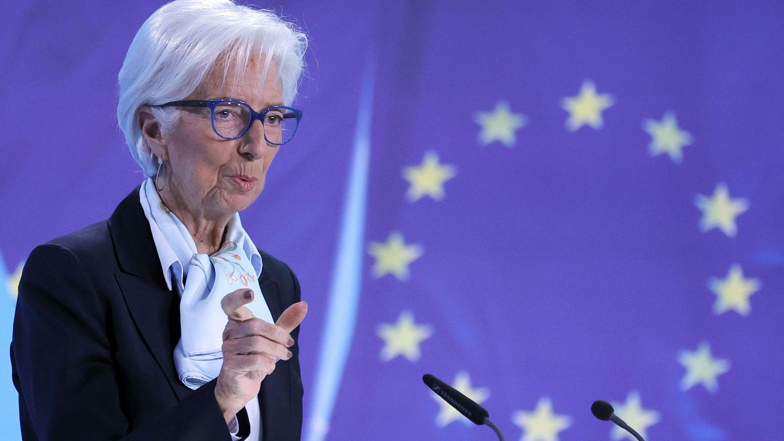 La presidenta del BCE, Christine Lagarde, en rueda de prensa, este jueves.