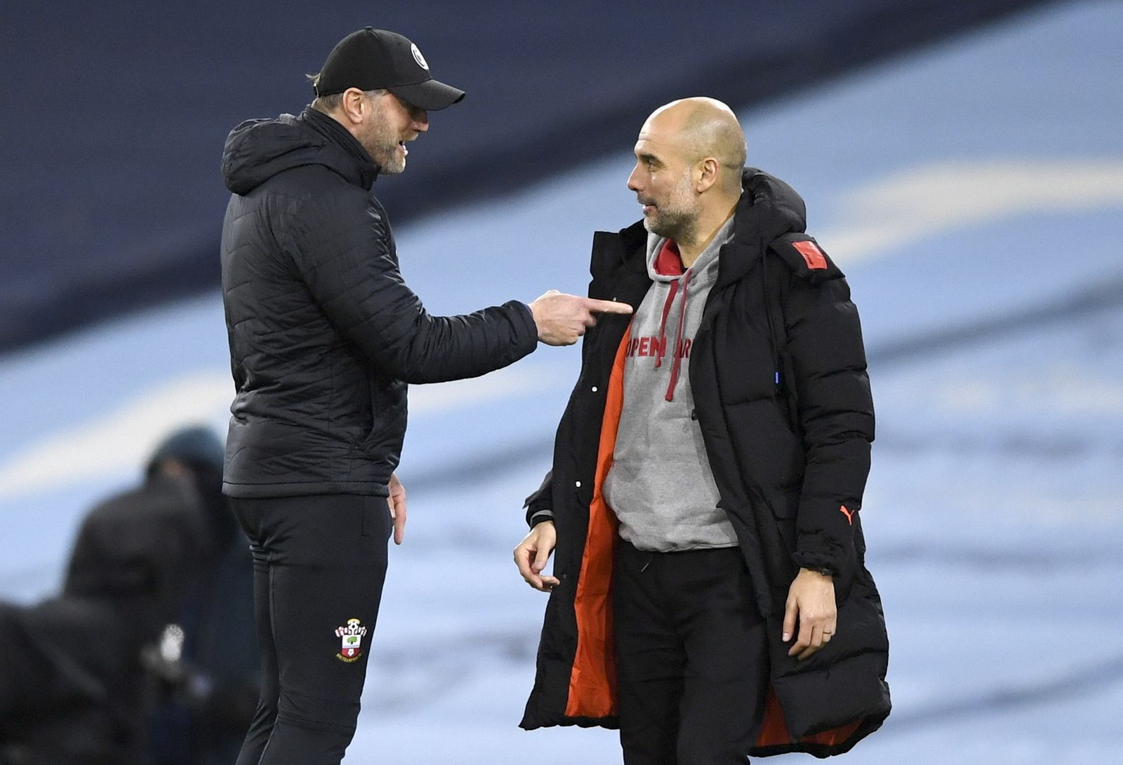 Ralph Husenhuttl y Pep Guardiola, durante el Manchester City-Southampton del lunes.