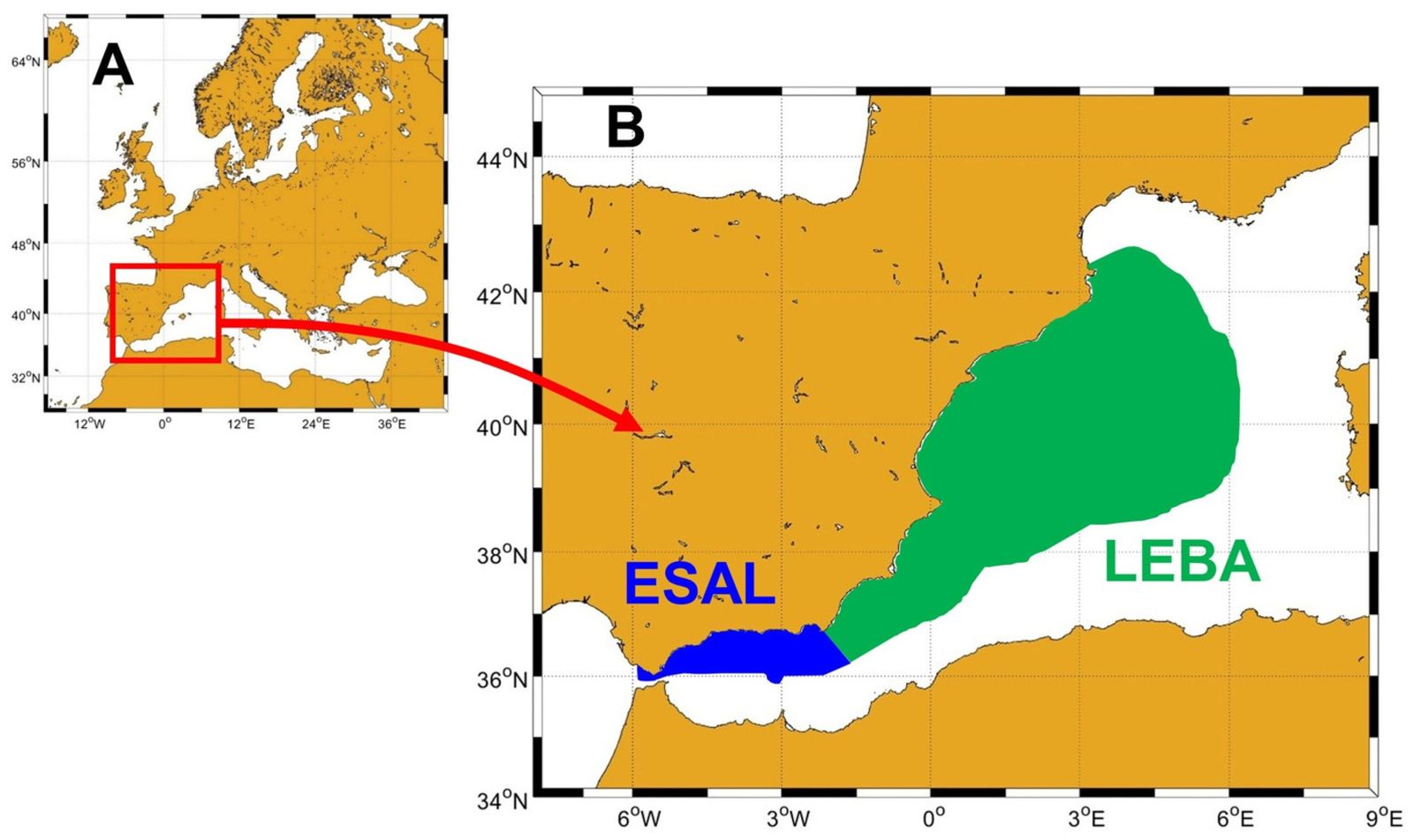 bicación de las demarcaciones Estrecho–Mar de Alborán (ESAL) y Levantino–Balear (LEBA) dentro de la Zona Económica Exclusiva española en el Mediterráneo Occidental.