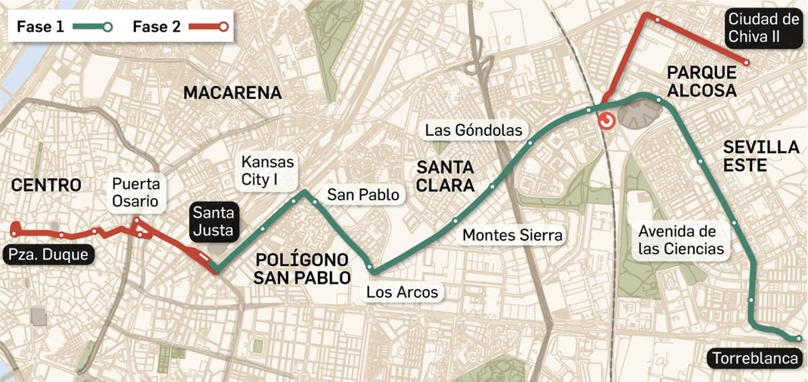 Recorrido y paradas del Tranvibús de Sevilla Este al Duque. Fuente: Ayuntamiento de Sevilla.