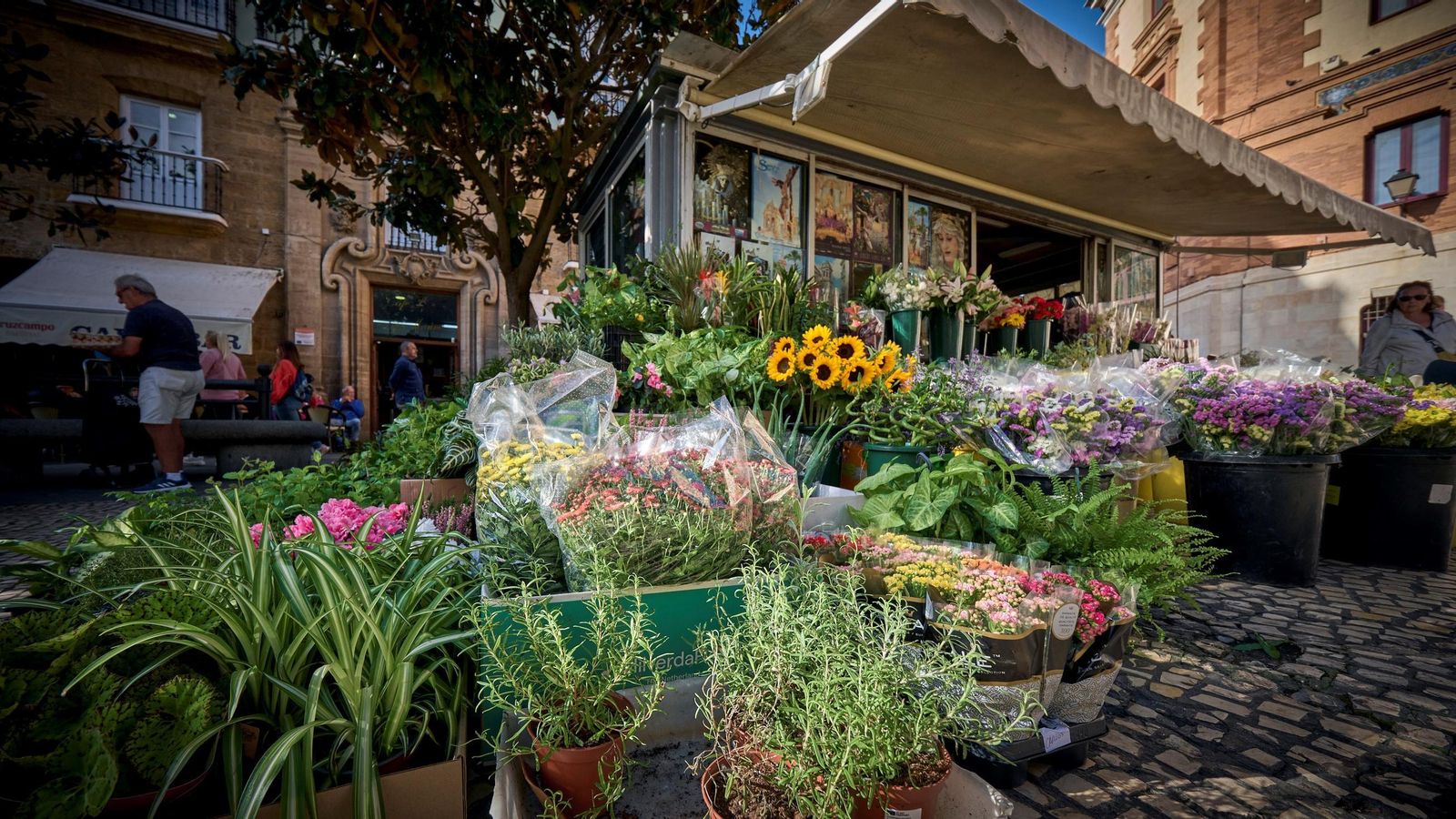 Uno de los dos únicos quioscos que siguen abiertos en la Plaza de las Flores.