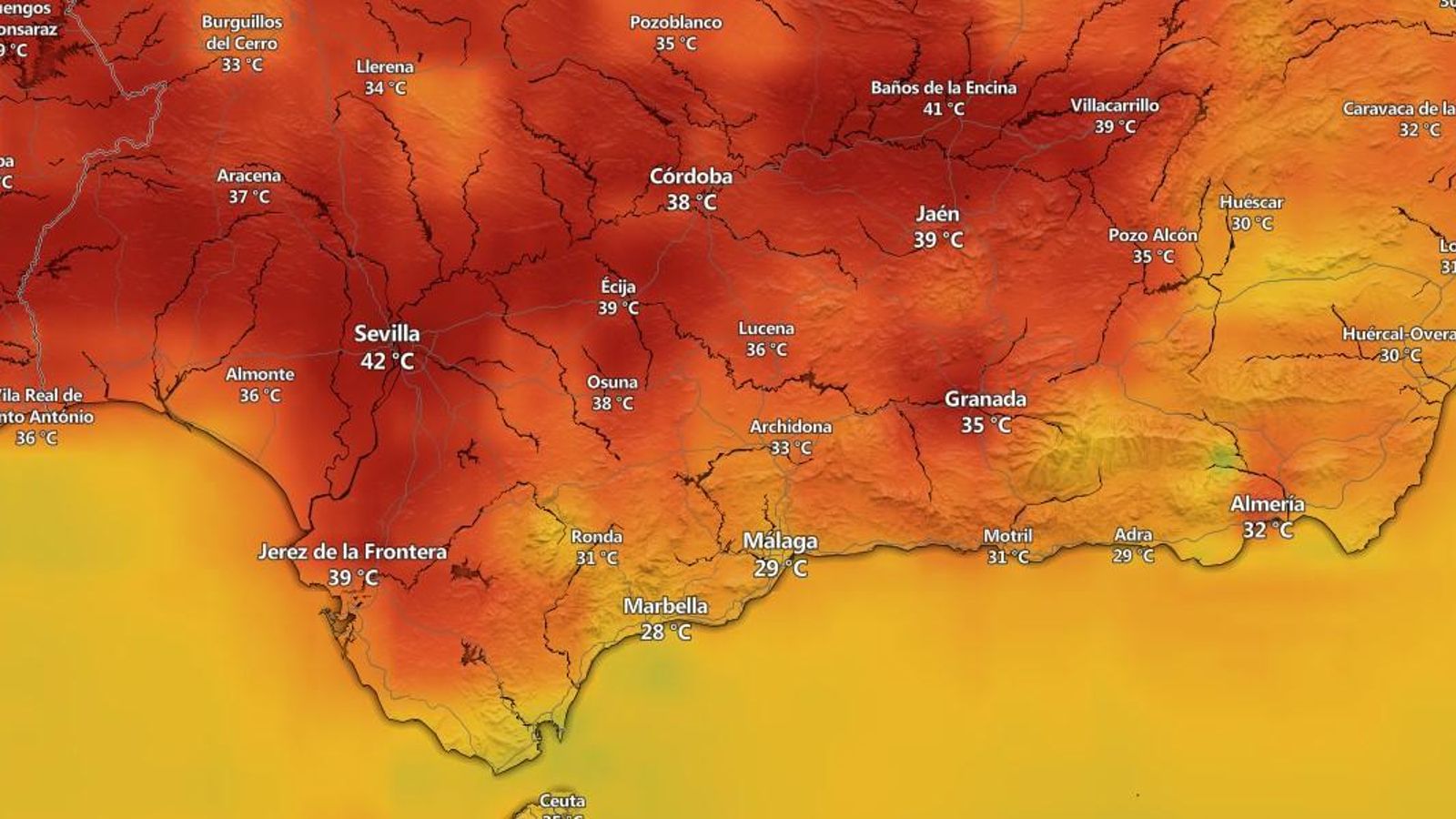Mapa de calor en el sur de España a las 18:00.