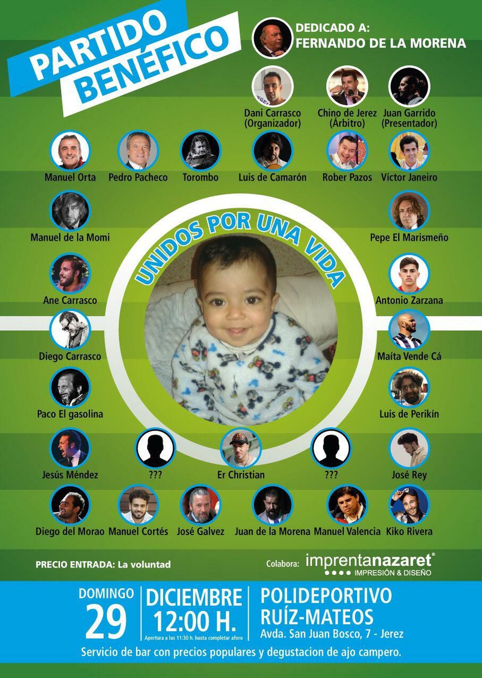 Cartel de artistas y famosos que participan en el partido benéfico del 29 de diciembre.