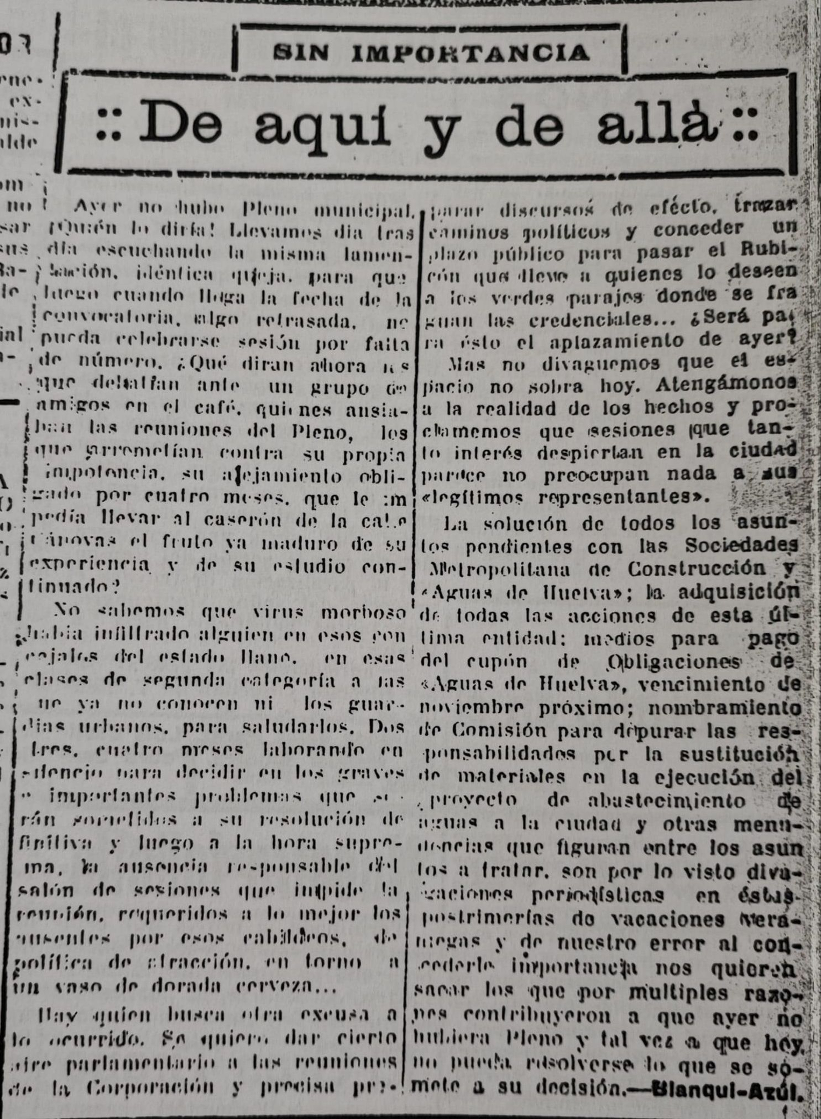 Blanqui-Azul. Diario de Huelva, 25-09-1930
