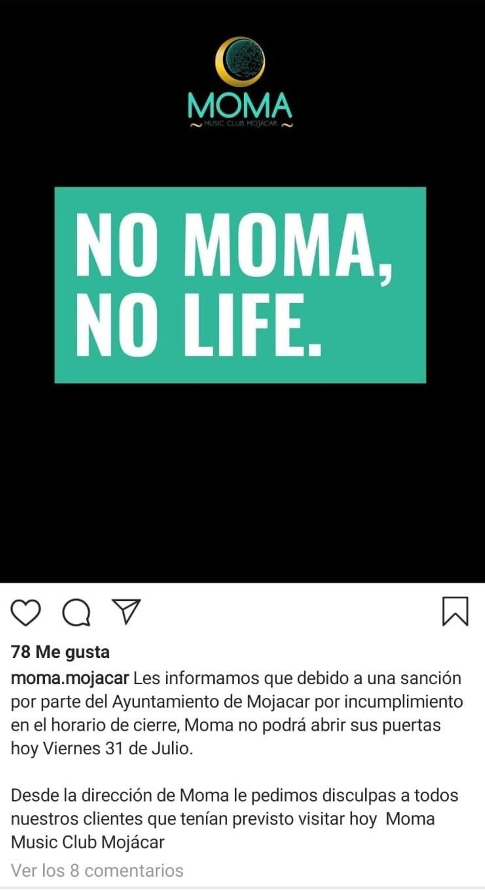 Comunicado que Moma Mojácar eliminó tras conocerse el caso.