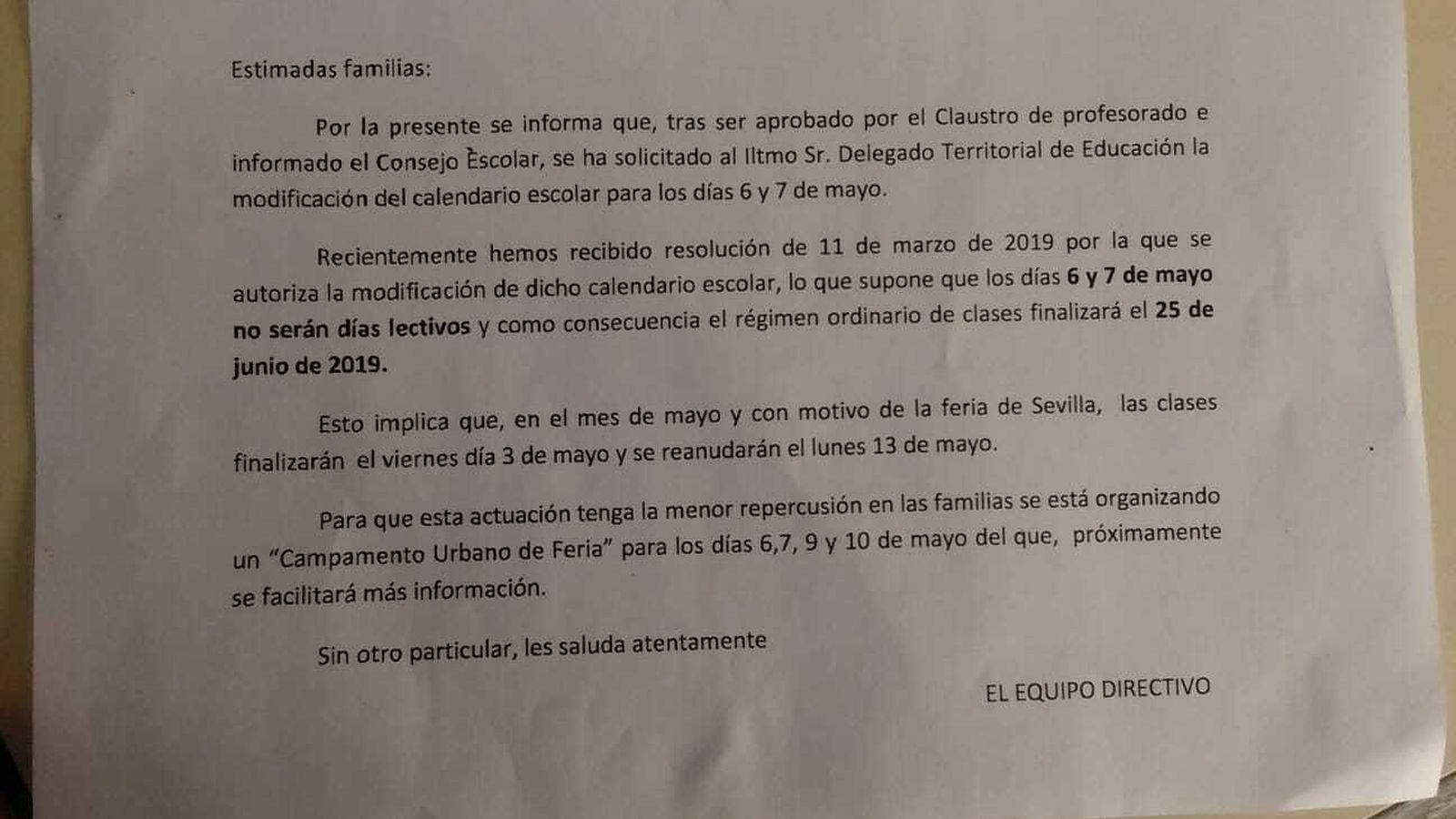 Circular enviada estos días a las familias.