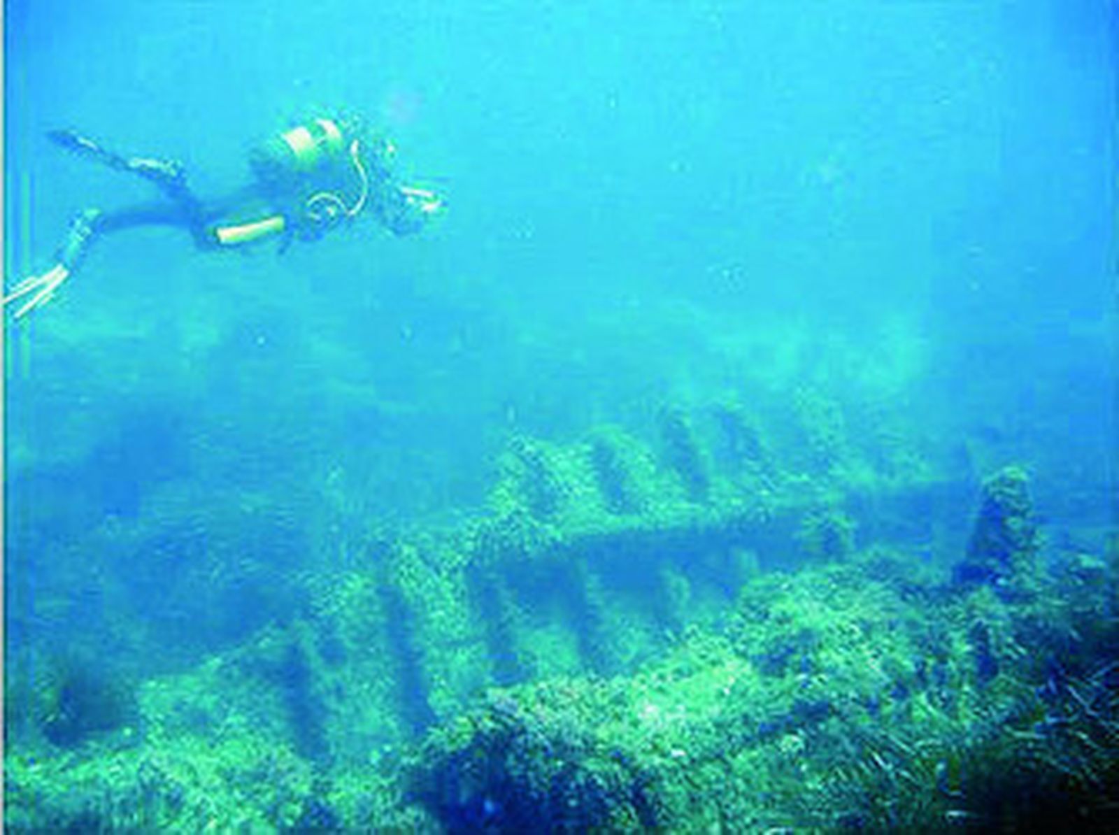 Un buceador, sobre los restos de un barco hundido.