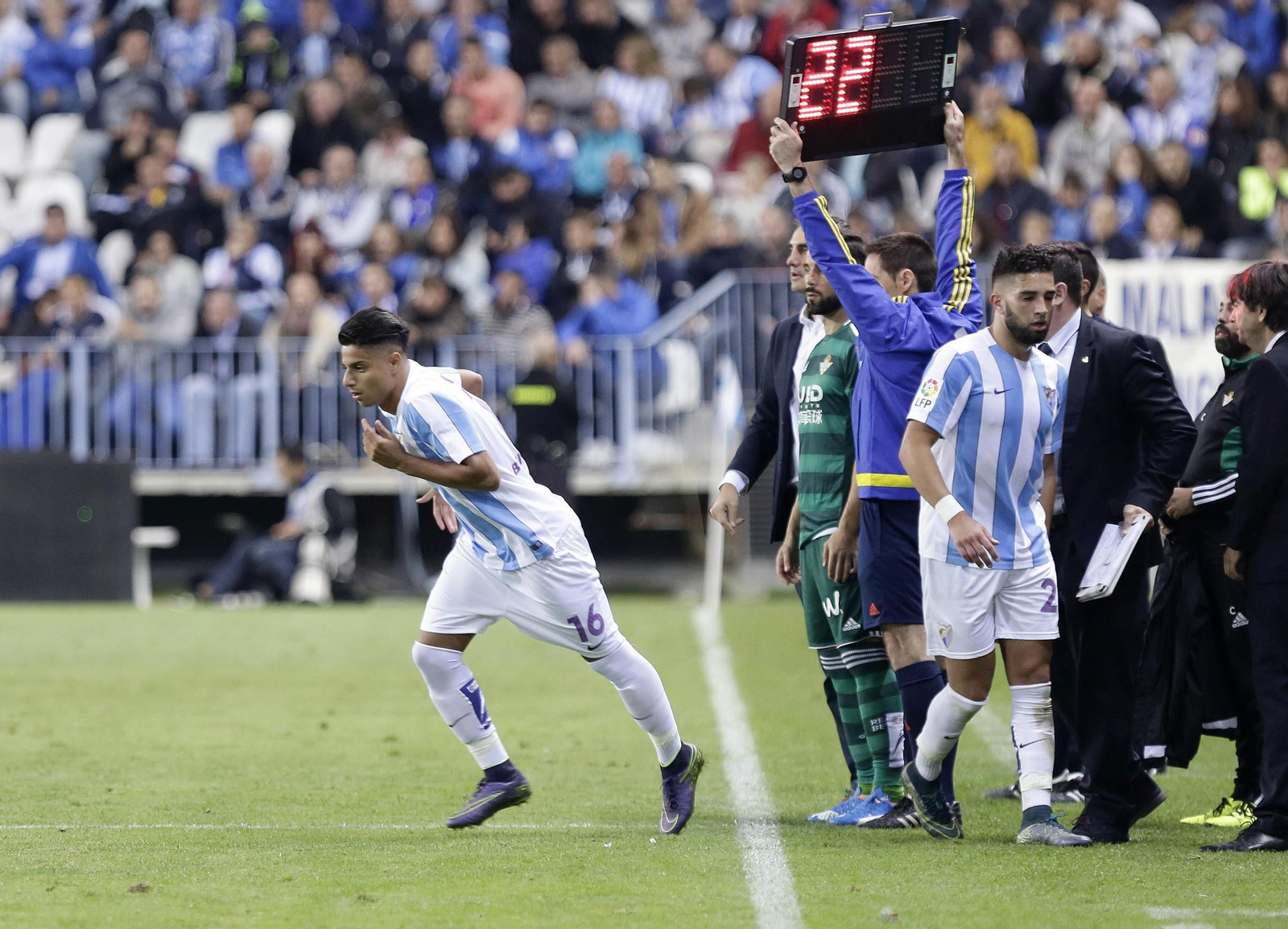 Hachim Mastour, en sus únicos minutos oficiales con el Málaga.