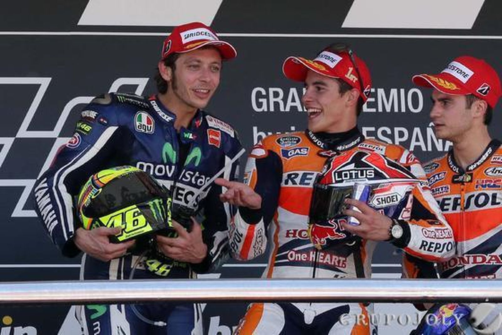 Podio de MotoGP con Márquez, Rossi y Pedrosa.  Foto: Manuel Aranda