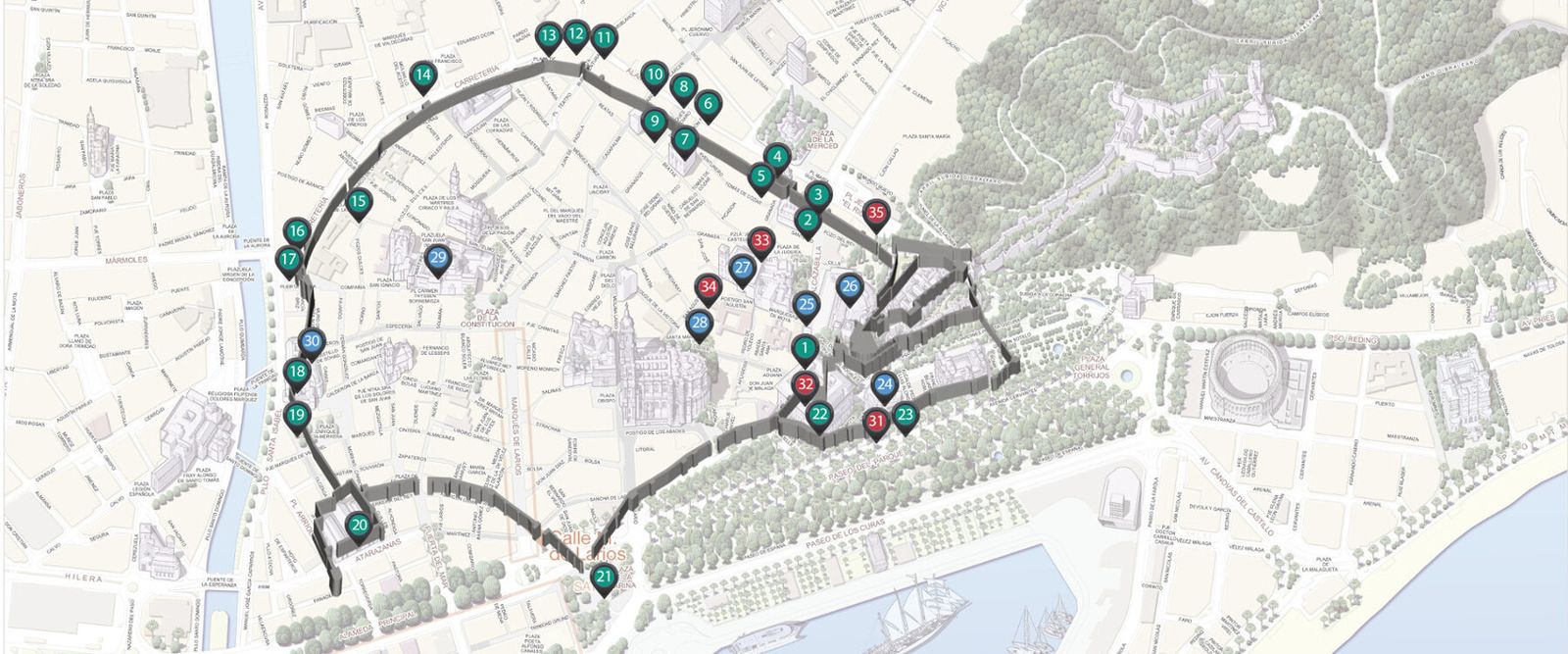 Mapa de la ruta por la Málaga arqueológica.