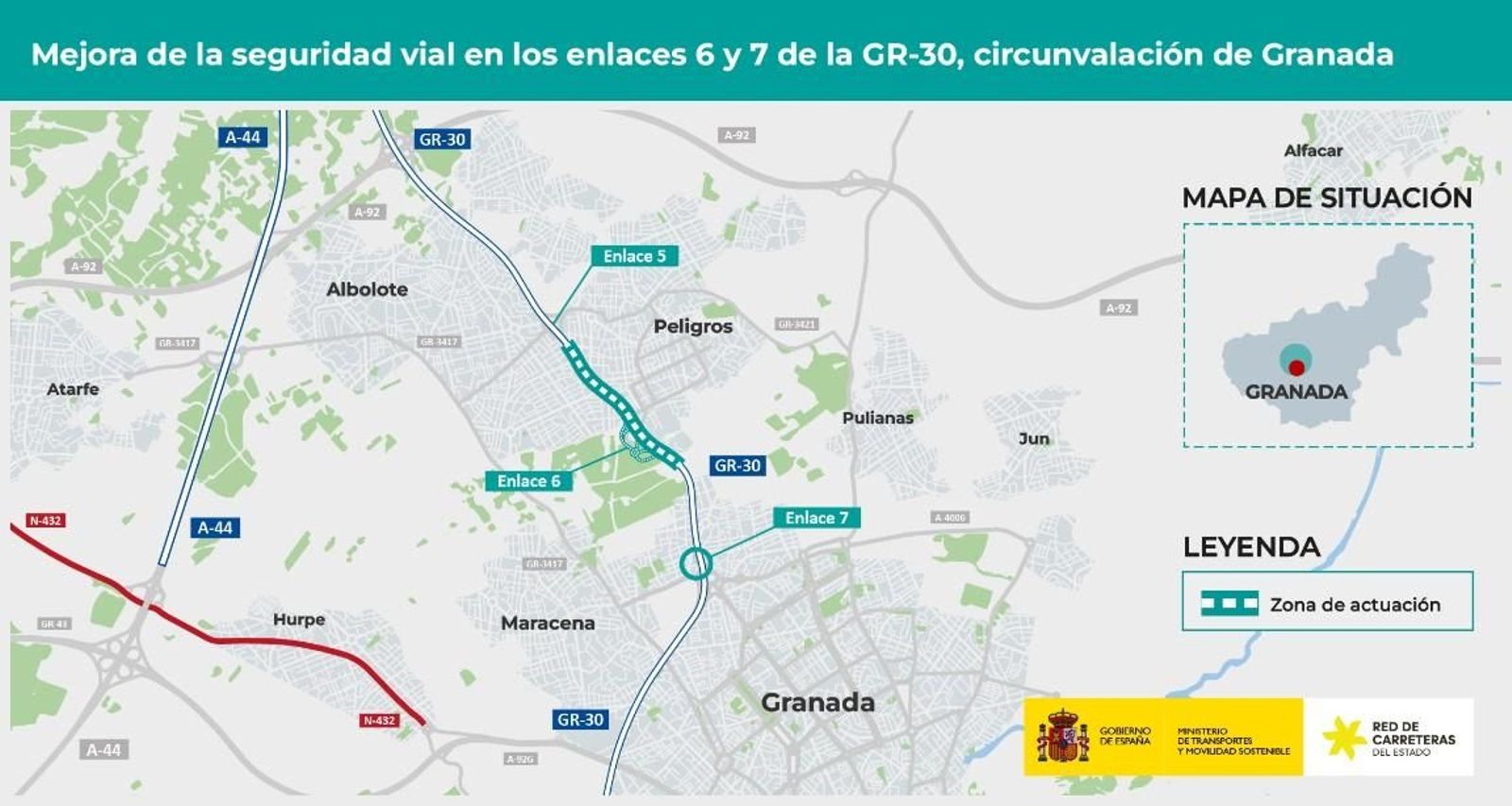 Mapa de la zona de obras en el Circunvalación de Granada