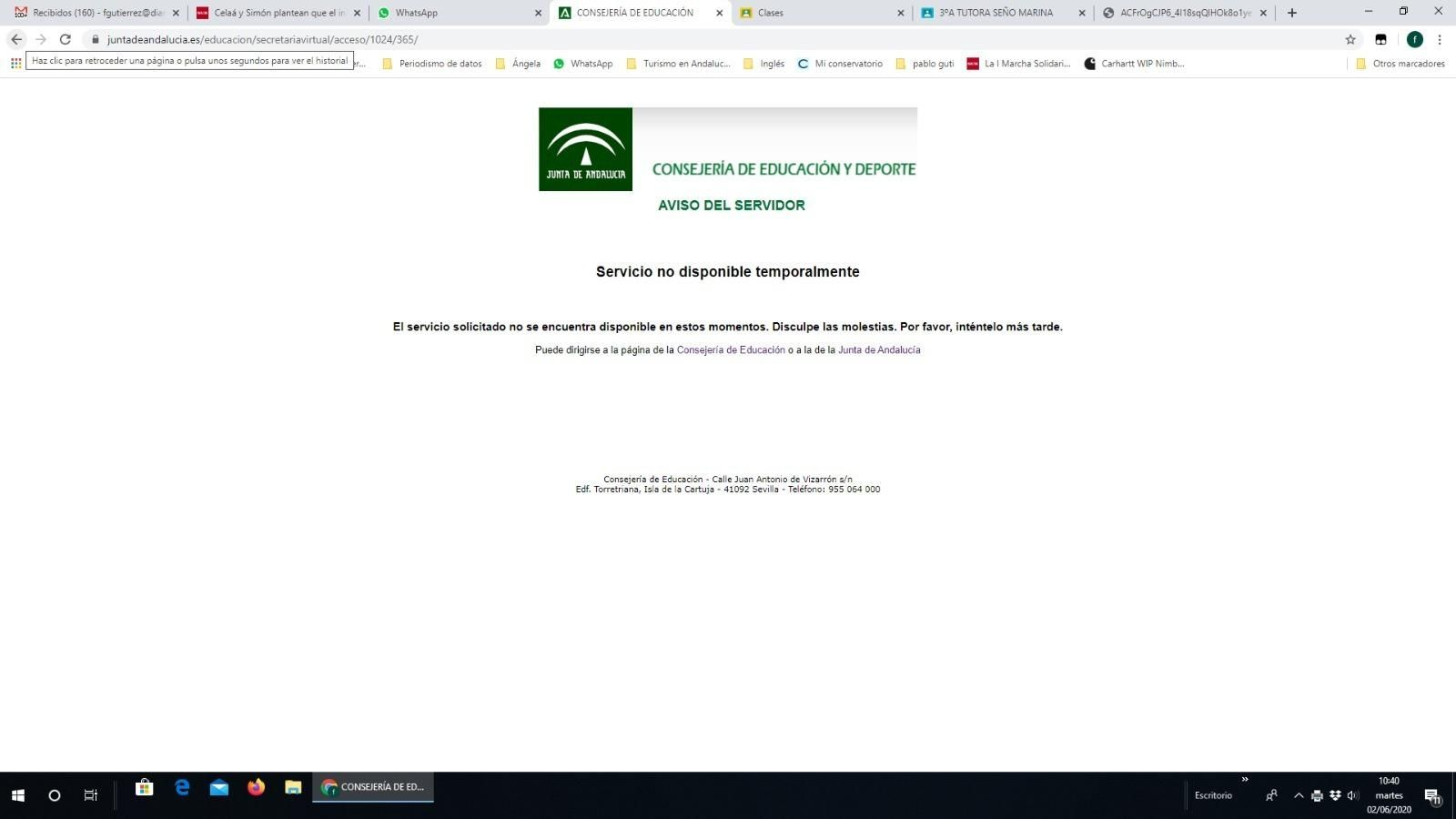 Captura de pantalla con el estado que presentaba ayer el servidor de Educación para realizar la matriculación.