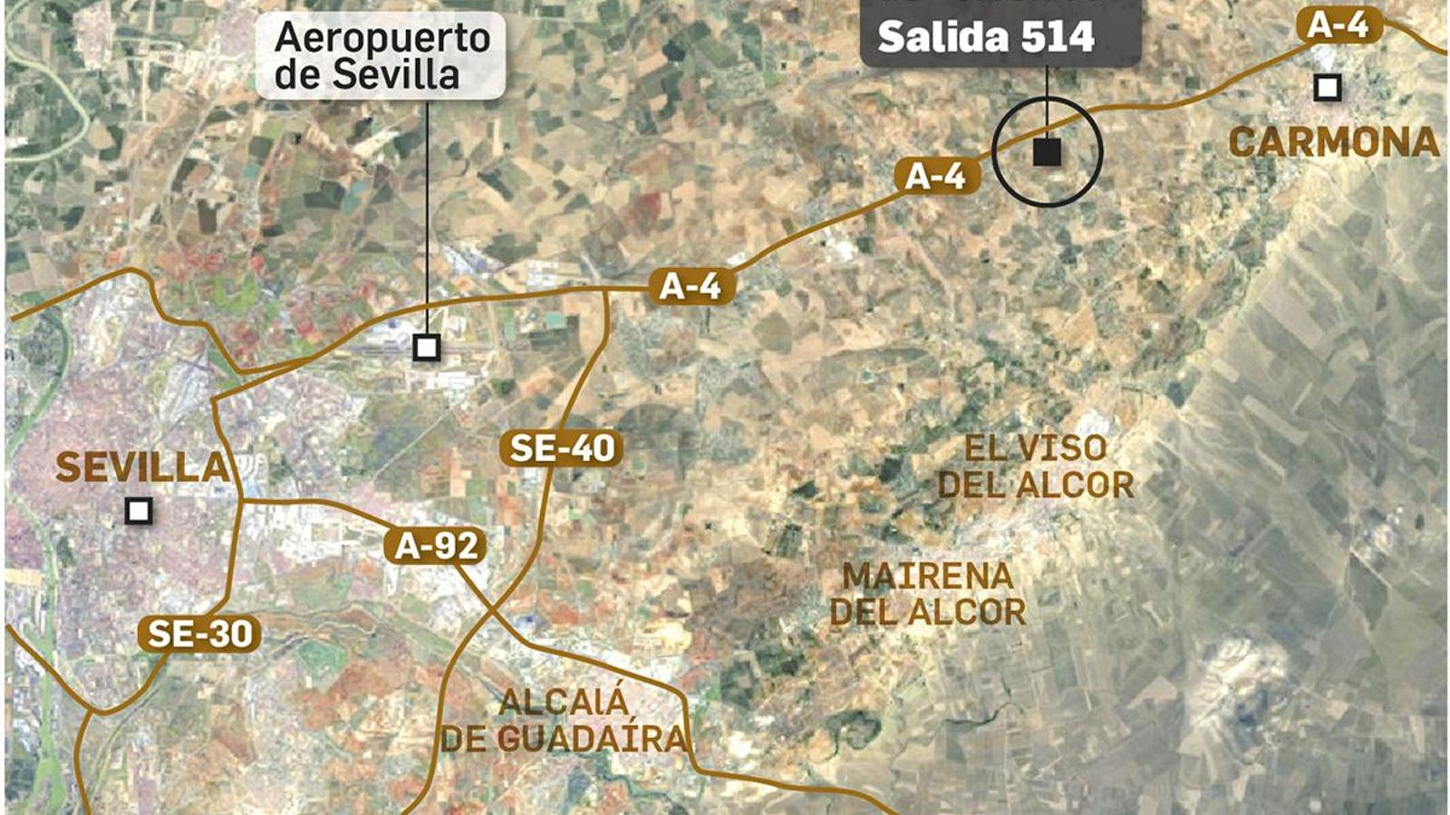 Localización del circuito proyectado respecto a Carmona y Sevilla. Fuente: Junta de Andalucía.