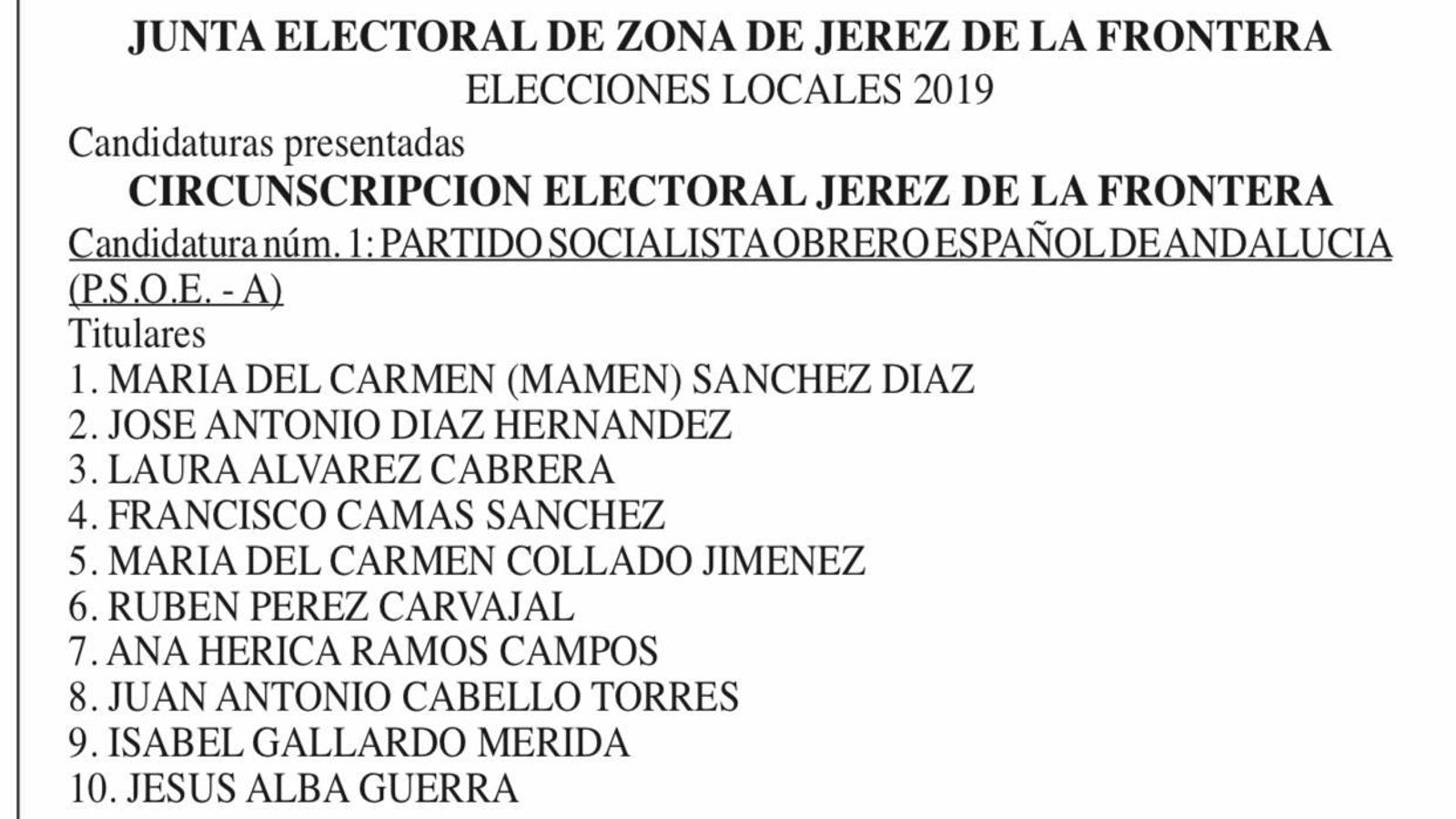 Captura de la candidatura del PSOE a la Alcaldía de Jerez publicada hoy en el BOP. Captura de la candidatura del PSOE a la Alcaldía de Jerez publicada hoy en el BOP.