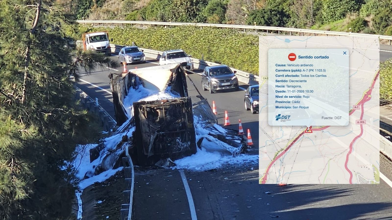 El camión cargado de frutas y hortalizas quedó completamente calcinado tras el incendio en la A-7 a su paso por San Roque, provocando importantes retenciones.