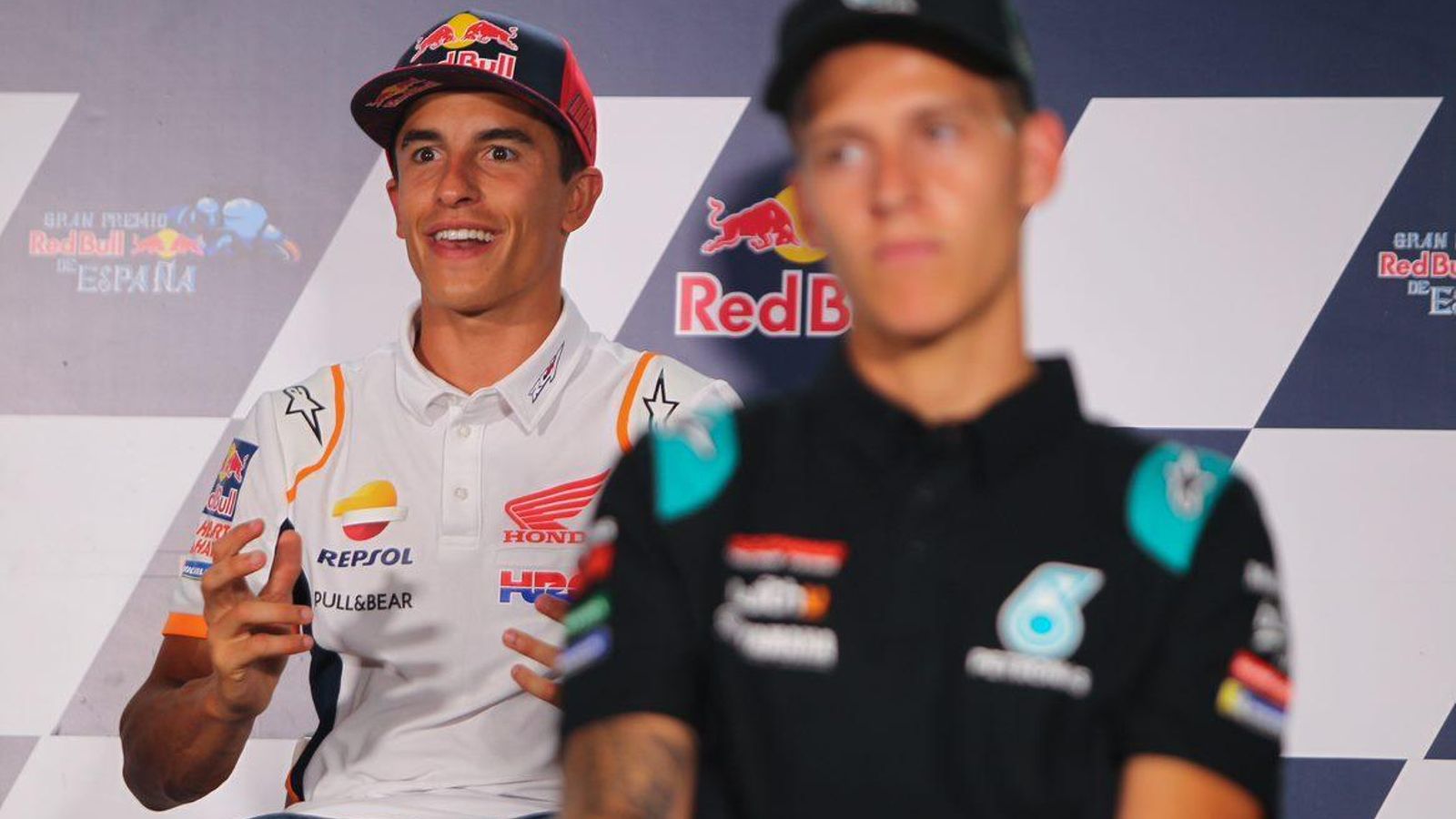 Marc Márquez, en la rueda de prensa de pilotos junto a Fabio Quartararo.