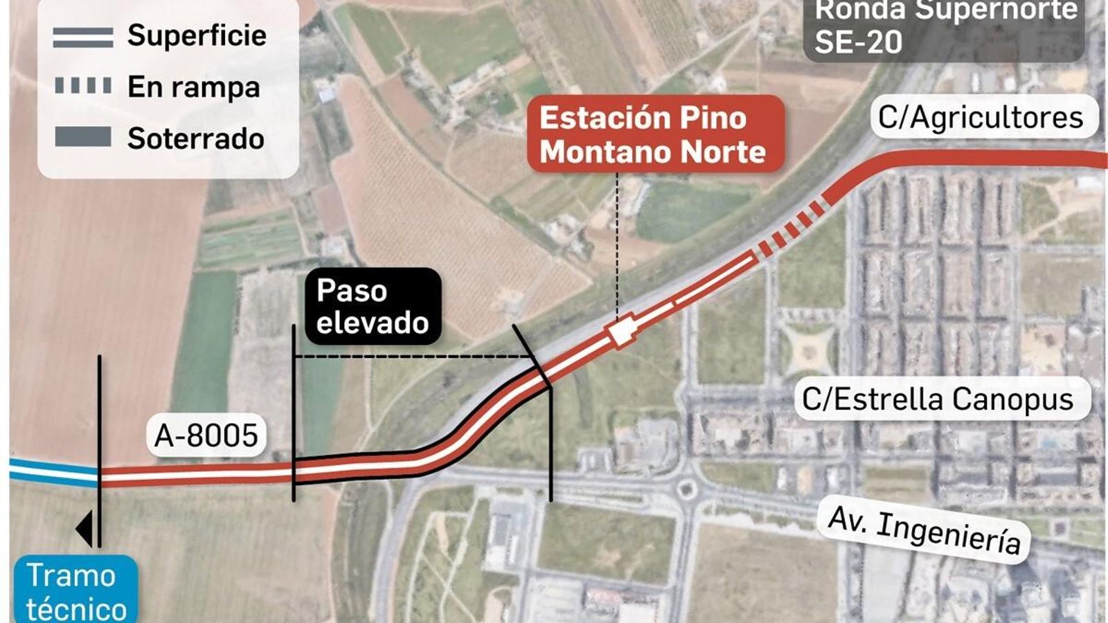 Localizador del paso elevado en la línea 3 del Metro de Sevilla
