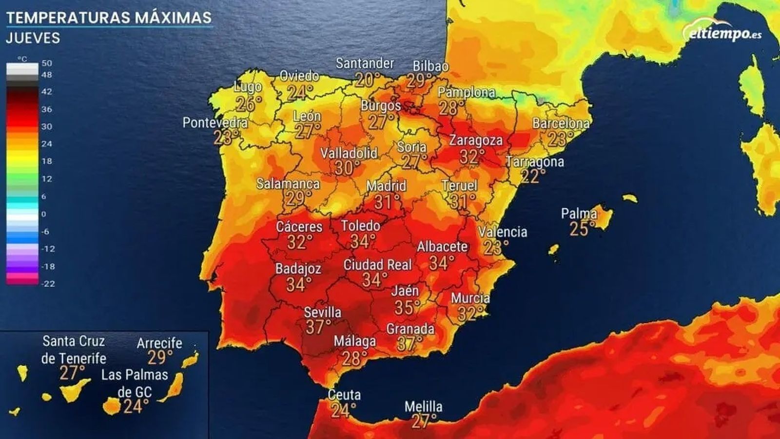 Temperaturas previstas para el jueves 27 de abril en España.