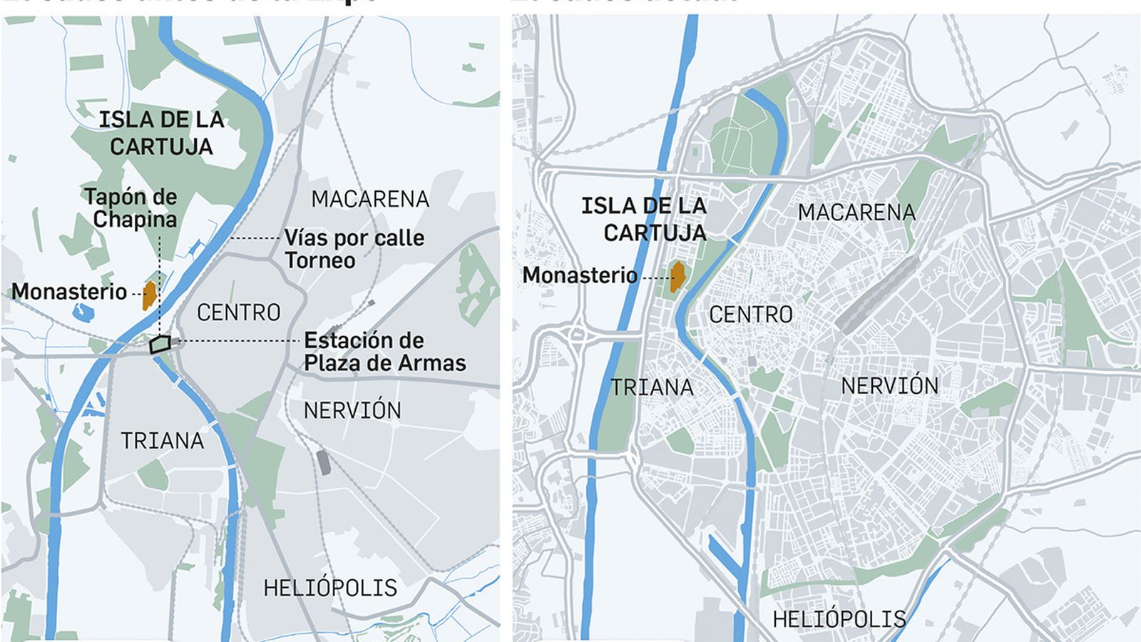 Mapas del cauce del Guadalquivir antes y después de la Expo 92. Fuente: elaboración propia.