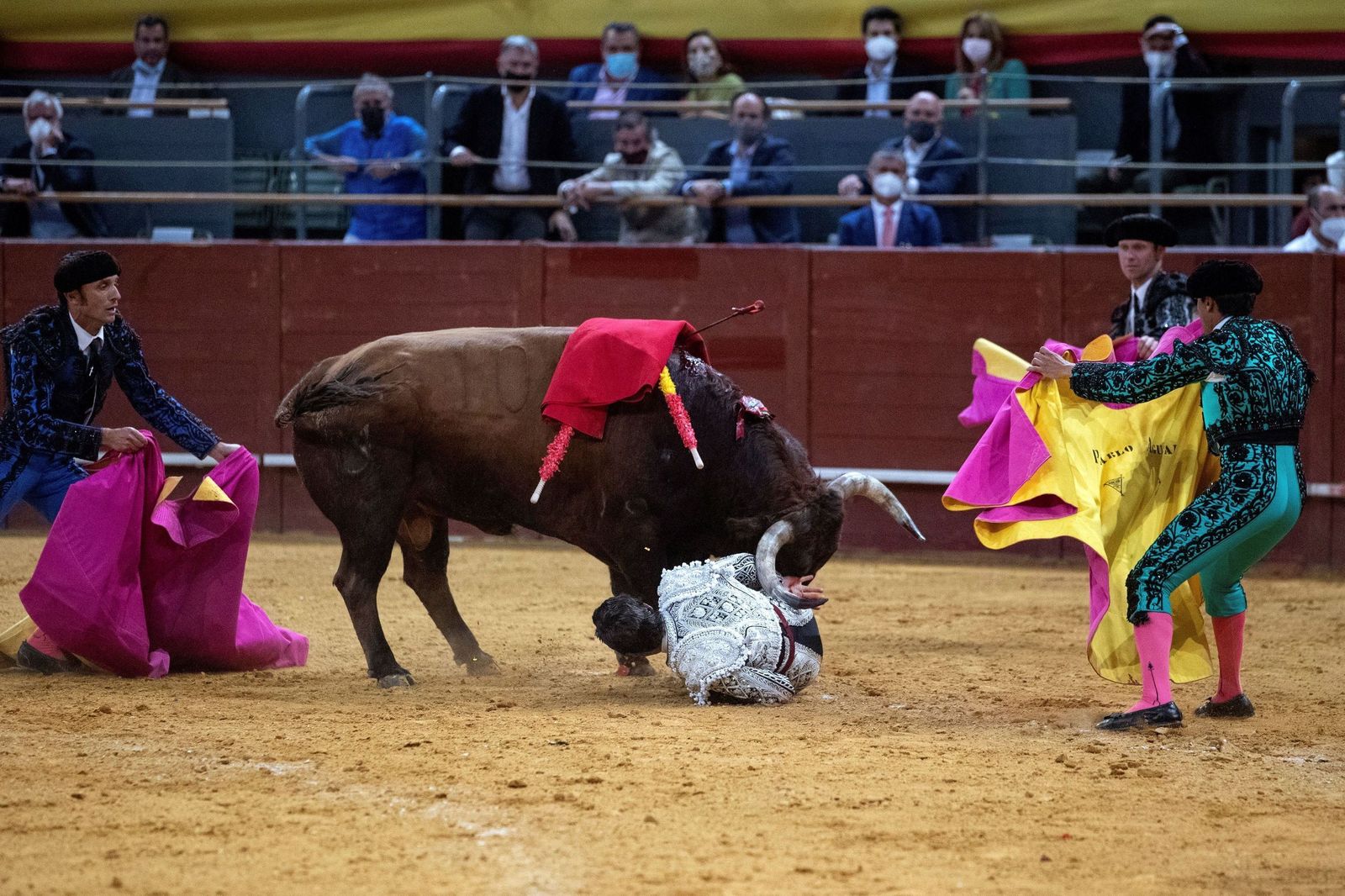 Pablo Aguado intenta zafarse de los pitones del toro en Vistalegre.