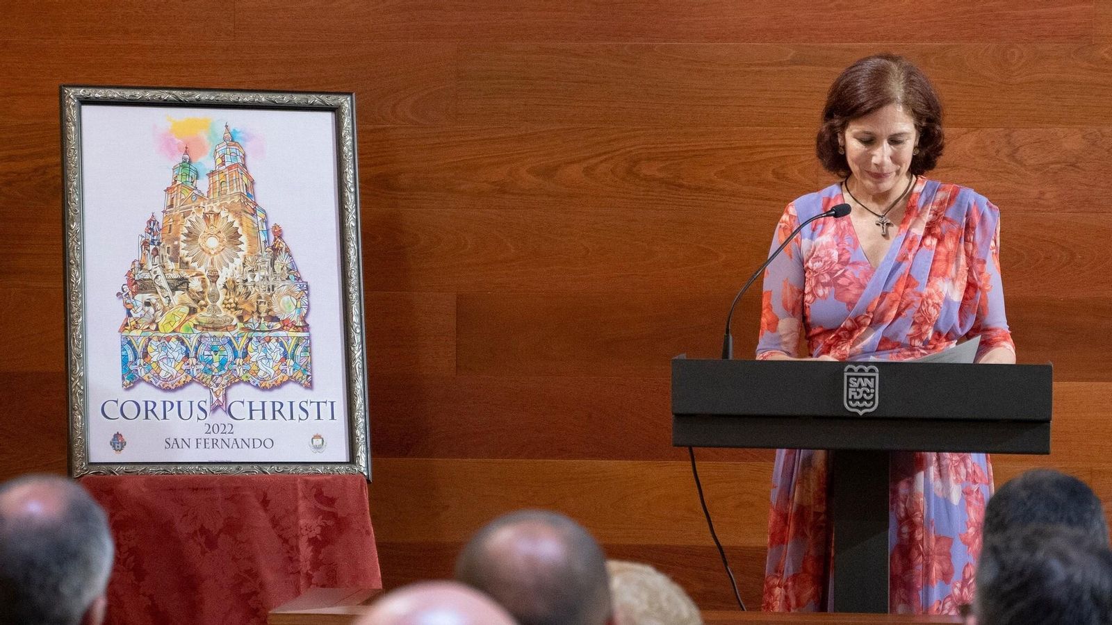 Dolores Martínez Delgado durante la presentación del cartel del Corpus Christi en San Fernando.