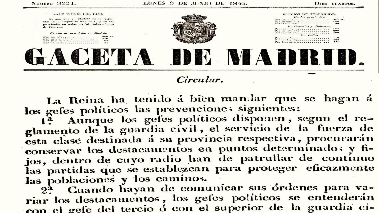 Real orden de 6 de julio de 1845 sobre la Guardia Civil publicada tres dias después en la Gaceta de Madrid. Real orden de 6 de julio de 1845 sobre la Guardia Civil publicada tres dias después en la Gaceta de Madrid.
