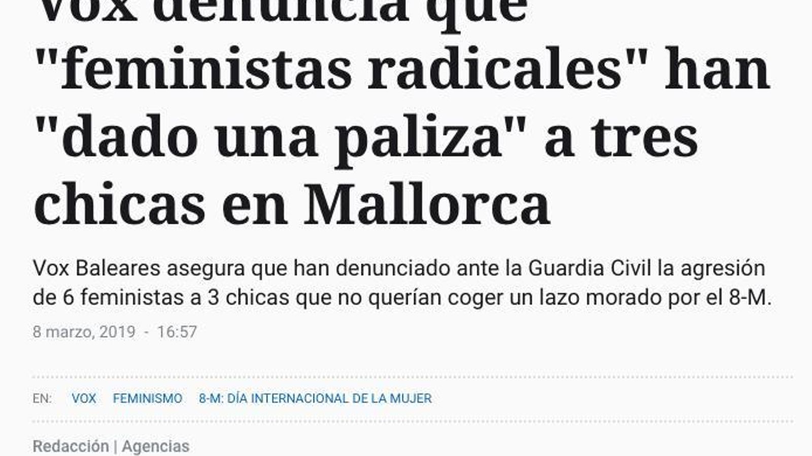 Titular publicado sobre las feministas agresoras.