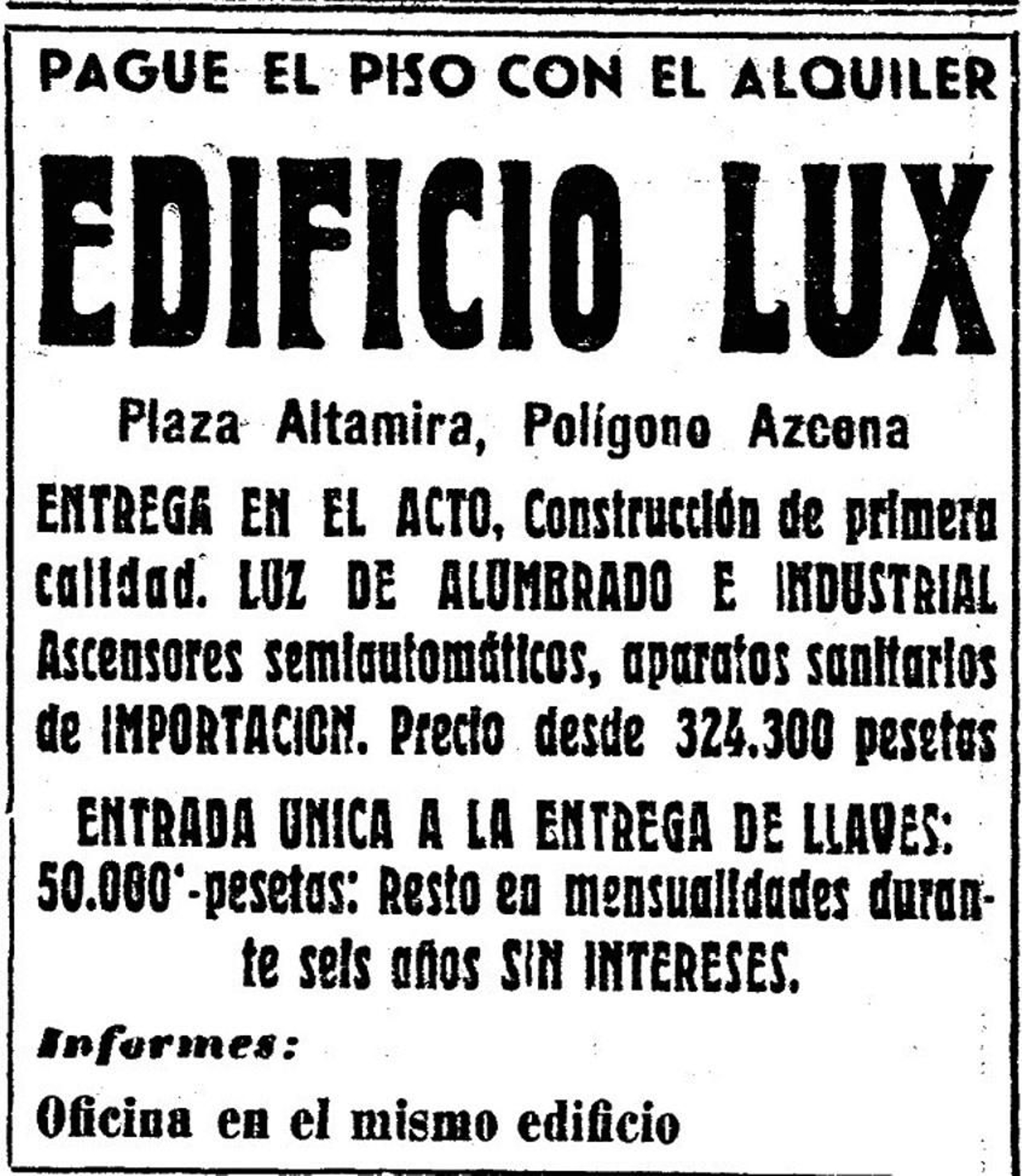 Octavilla de propaganda de 1967 anunciando el Edificio Lux de la Huerta de Azcona.