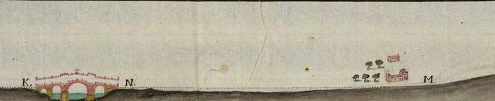 Detalle del puente, se representa aquí ya reconstruido, siendo una reducción del alzado que acompaña al proyecto. A la derecha, casas del cortijo al NO de El Realejo.