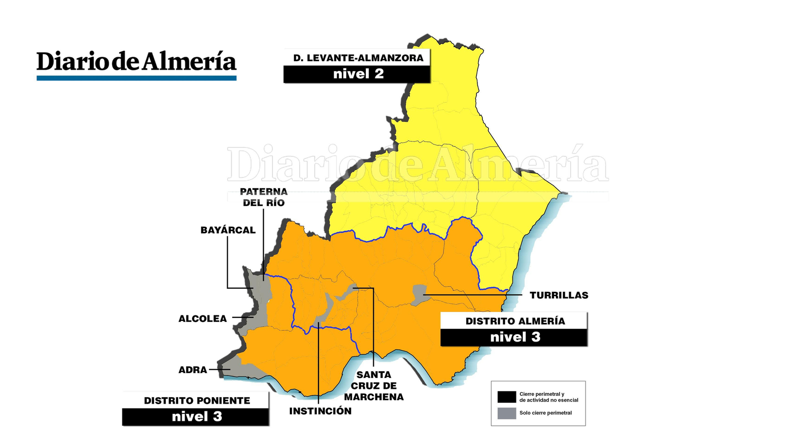 Mapa de cierres perimetrales en Almería desde el viernes 26 de marzo.