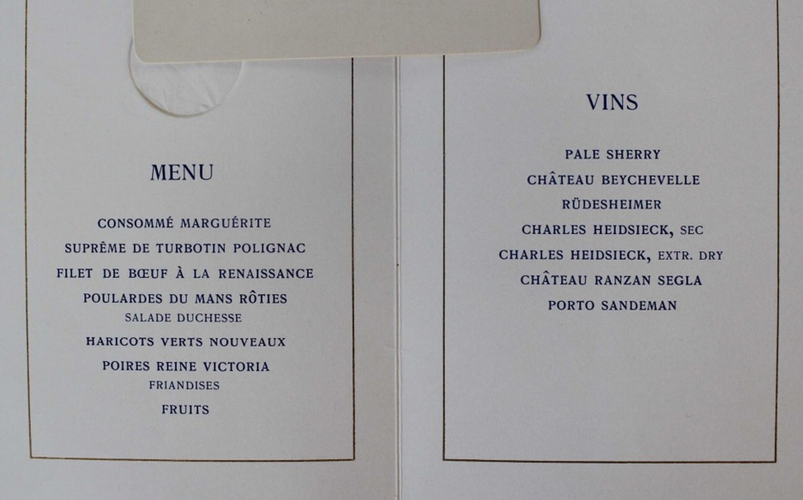 El Pale Sherry en el menú del Premio Nobel de 1909.