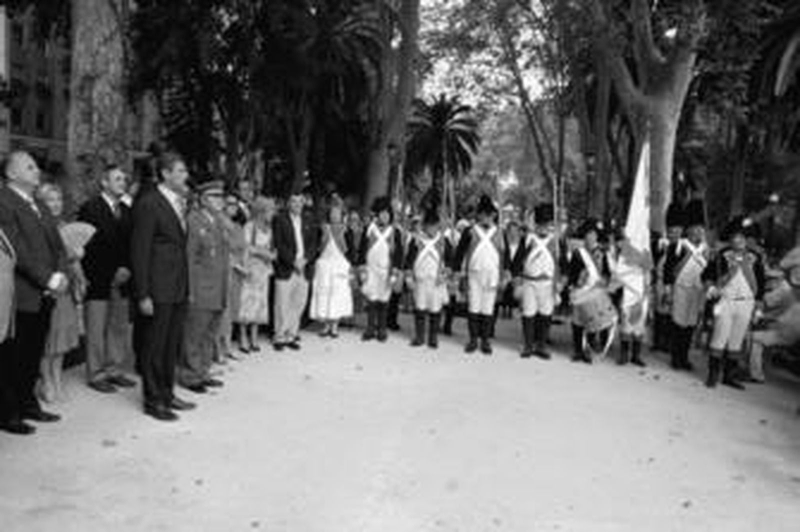 La asociación que recrea el regimiento suizo de Reding y las autoridades presentes en el acto, ayer en el parque María Cristina.