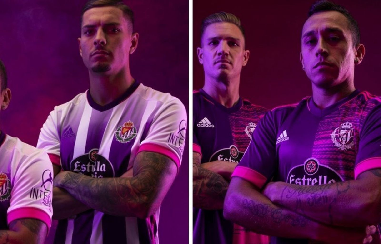 Propuestas innovadoras de Adidas para el Real Valladolid. La primera equipación cuenta con las tradicionales franjas blanquivioletas con un degradado y detalles en rosa en cuello, mangas y costados. La segunda, de color morado, presenta un llamativo patrón en rosa en la mitad derecha de la camiseta.