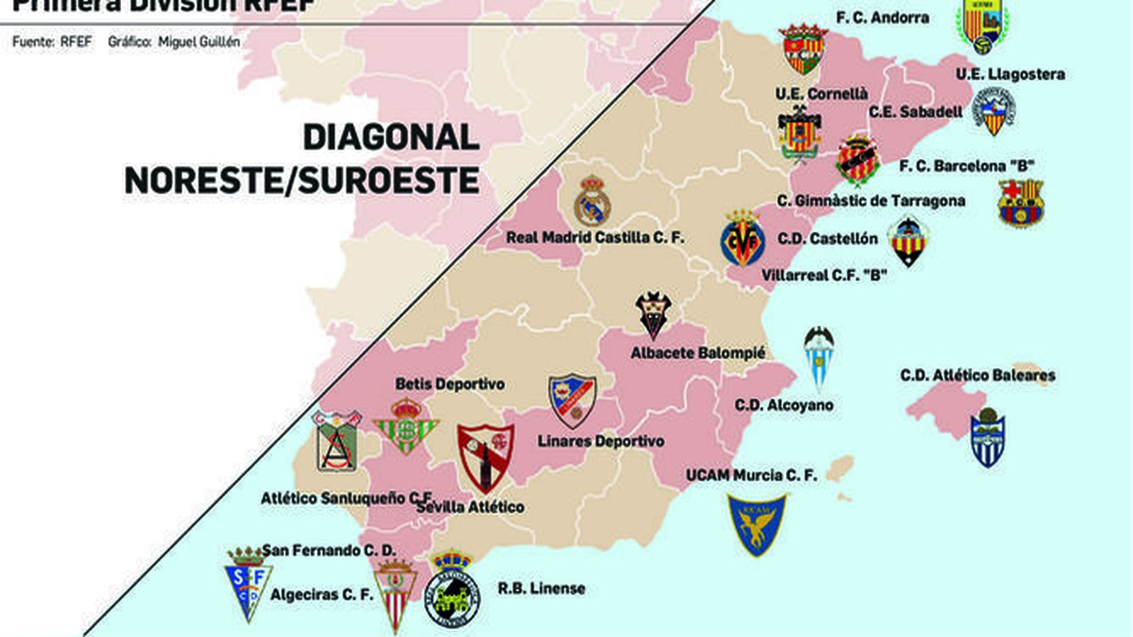 Mapa del grupo de la Primera RFEF en el que militarán Betis Deportivo y Sevilla Atlético.