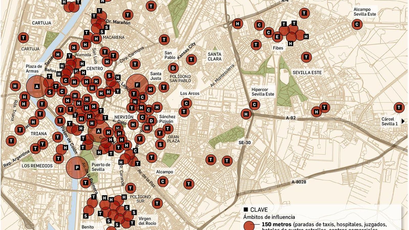 Mapa de las zonas de restricción para los VTC. Fuente: Consejería de Fomento.