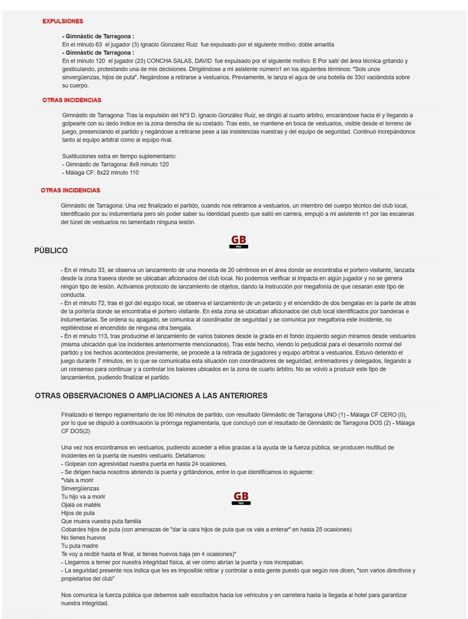 El acta arbitral con el relato de todos los incidentes.