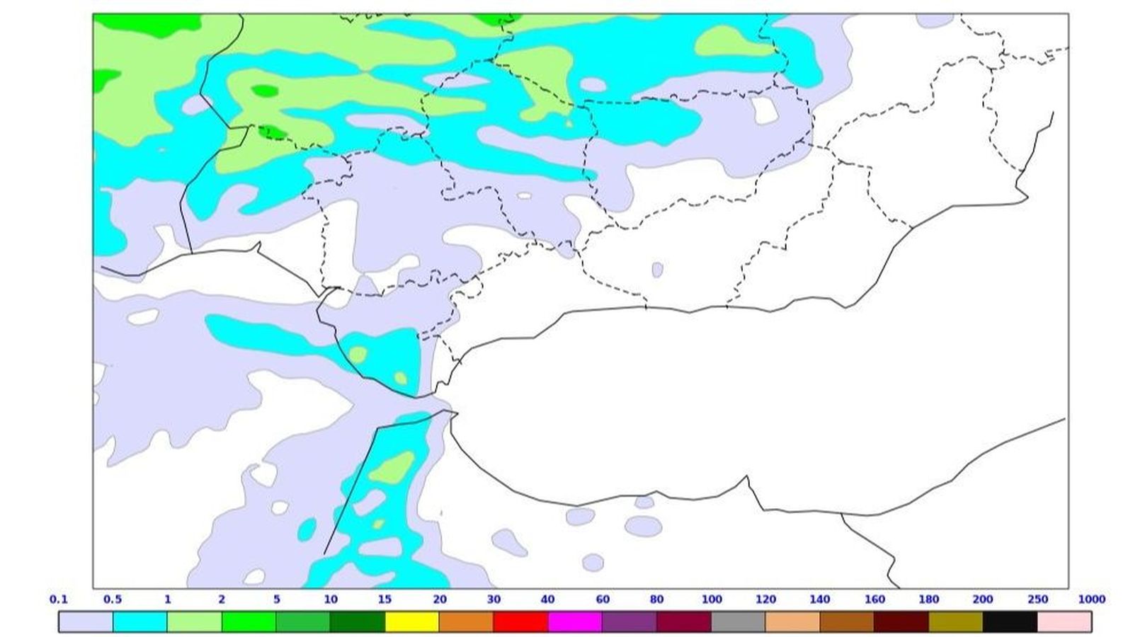 Mapa andaluz de la Aemet de precipitación y nieve en las 24 horas anteriores para este jueves.