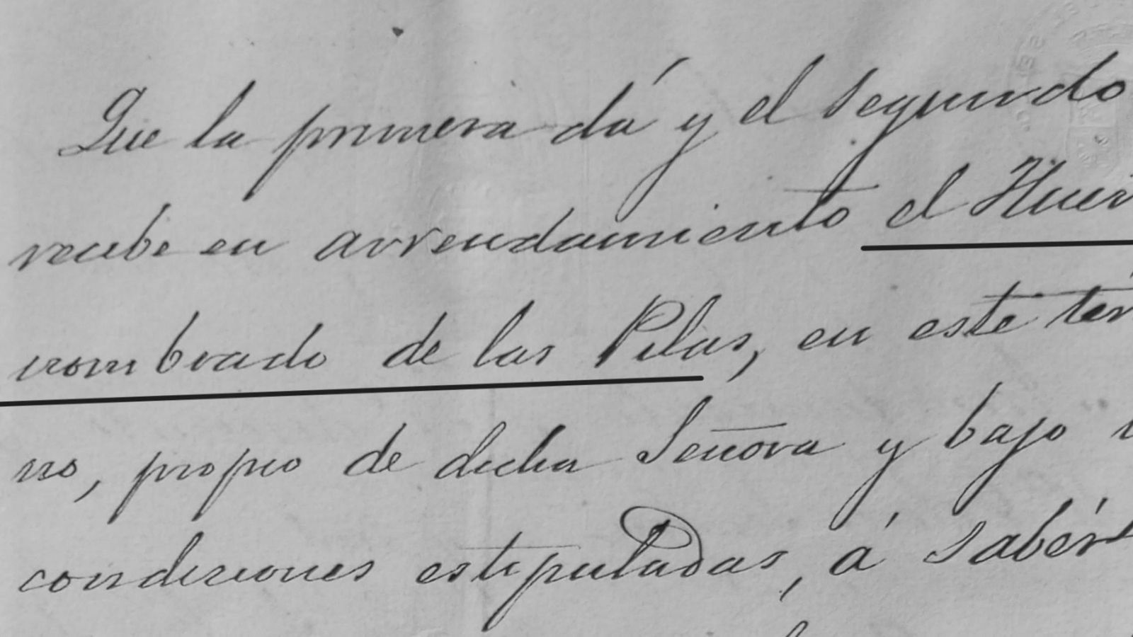 Alusión al Huerto de Las Pilas en el documento mercantil.
