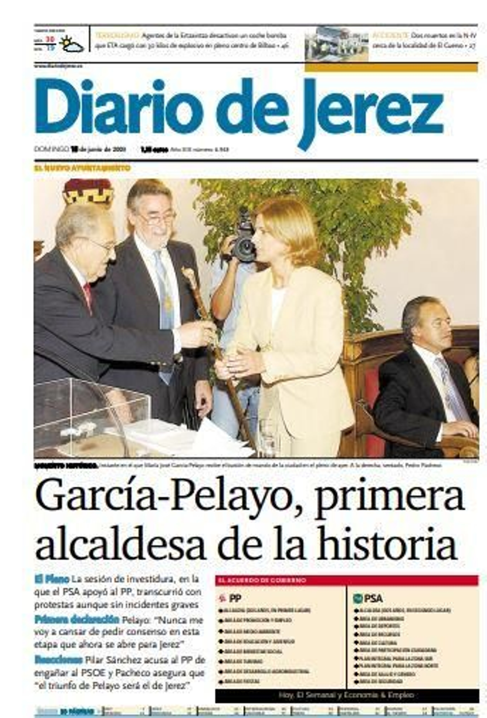 Portada de Diario de Jerez del domingo 15 de junio de 2003 informando del histórico relevo en la Alcaldía vivido el día anterior Portada de Diario de Jerez del domingo 15 de junio de 2003 informando del histórico relevo en la Alcaldía vivido el día anterior