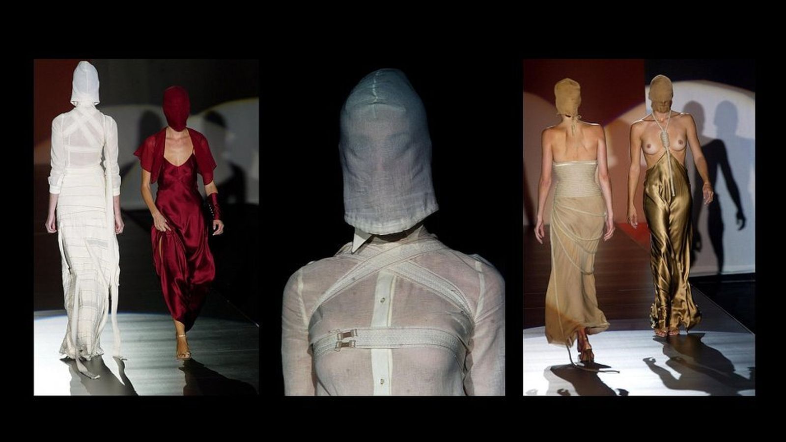 Propuestas de su colección debut en 2002, con la que generó mucha polémica por mostrar a las modelos encapuchadas y con sogas.