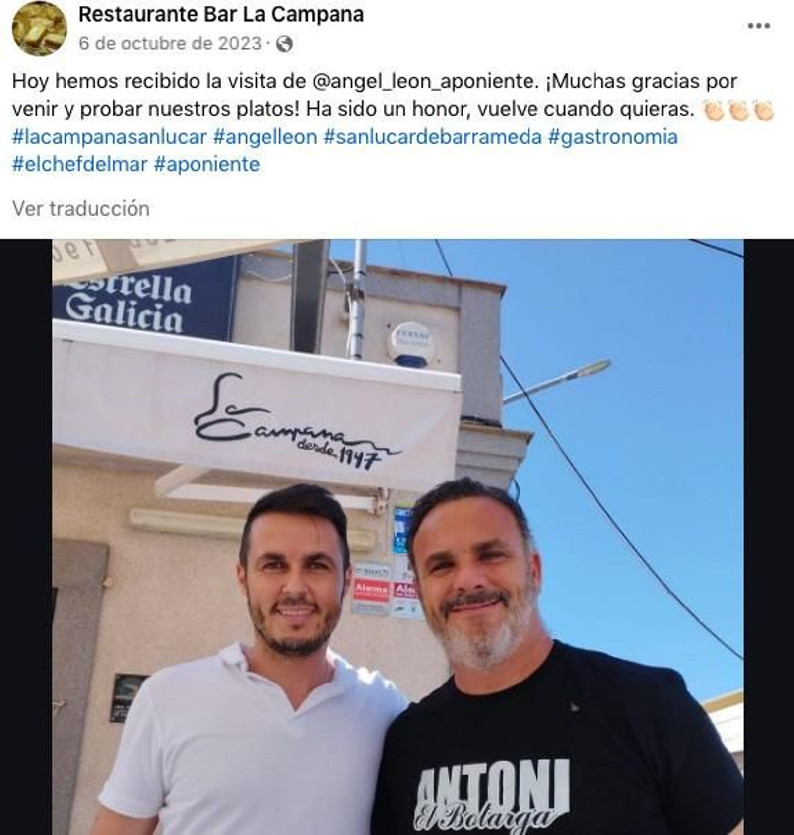 Publicación de la visita de Ángel León al Restaurante La Campana, de Sanlúcar.