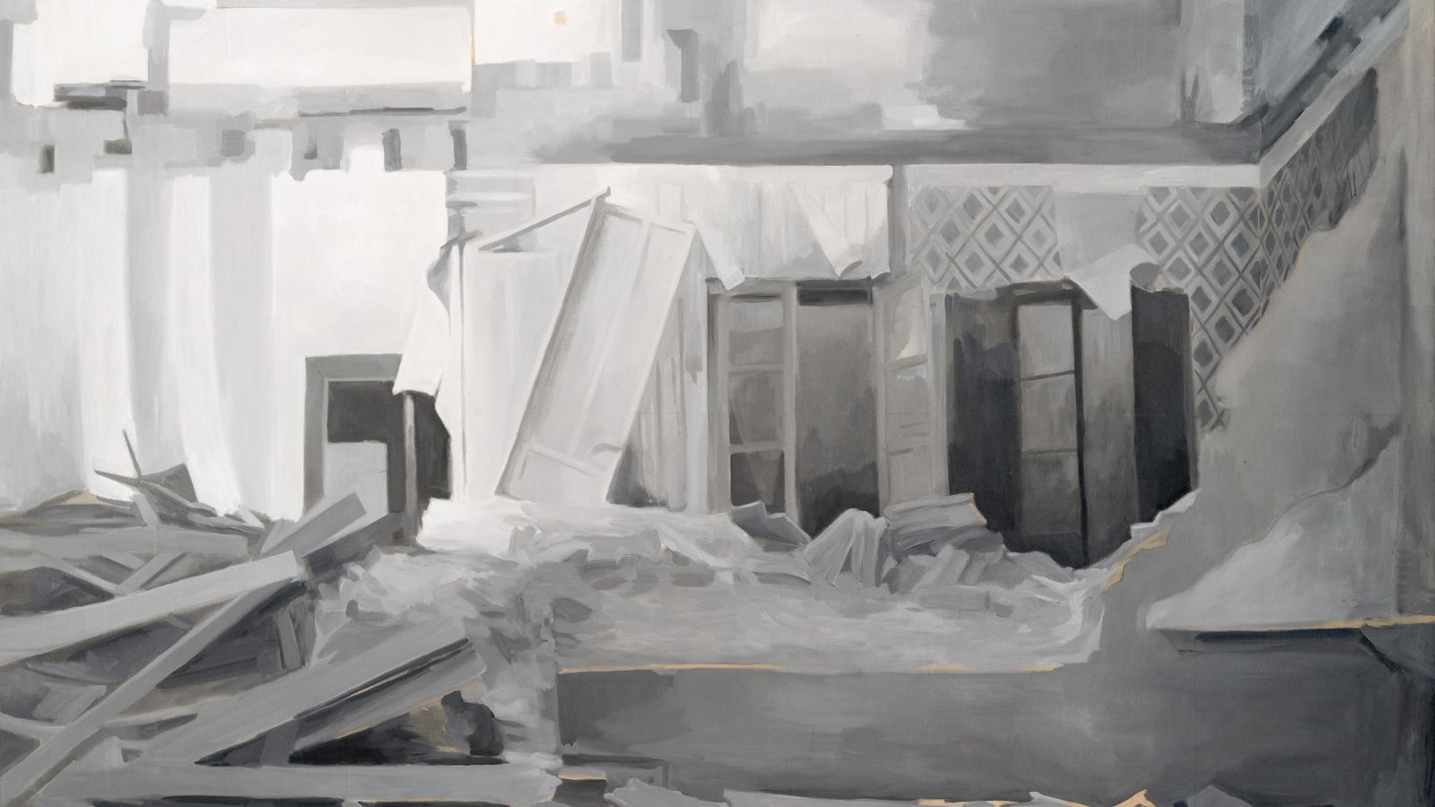 Uno de los lienzos en blanco y negro de la serie 'Demoliciones'.