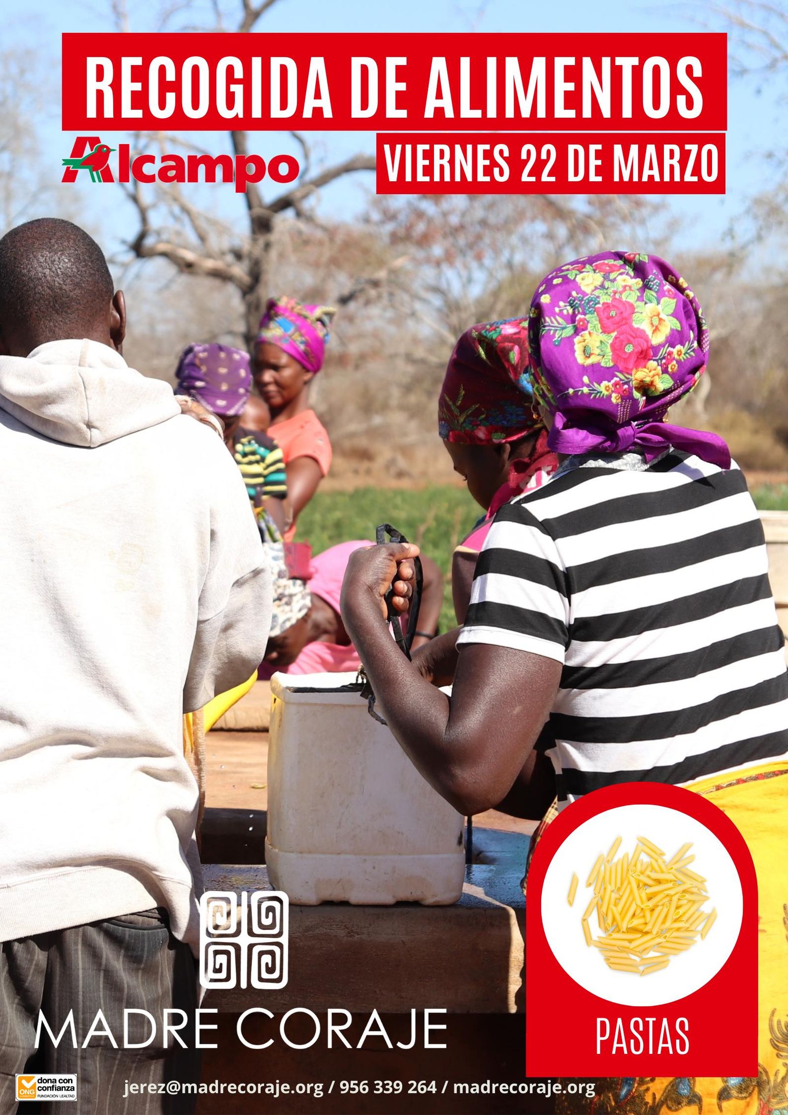 Cartel de la recogida de alimentos (pastas) organizada por Madre Coraje.