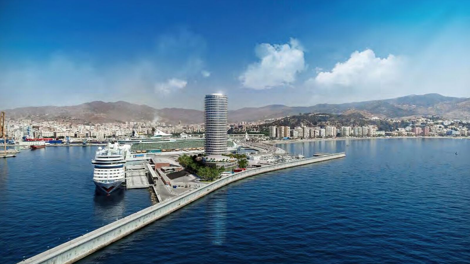 Infografía del hotel rascacielos en el dique de levante del puerto de Málaga.