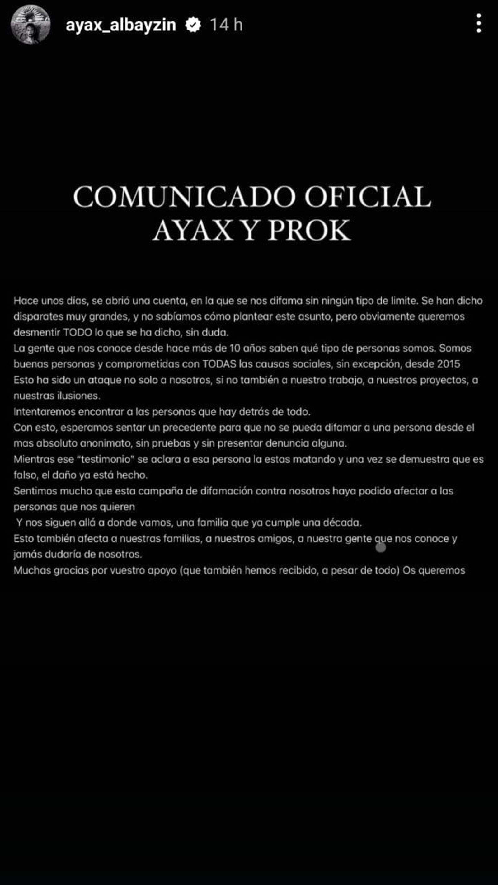 Comunicado de Ayax y Prok en sus redes sociales.