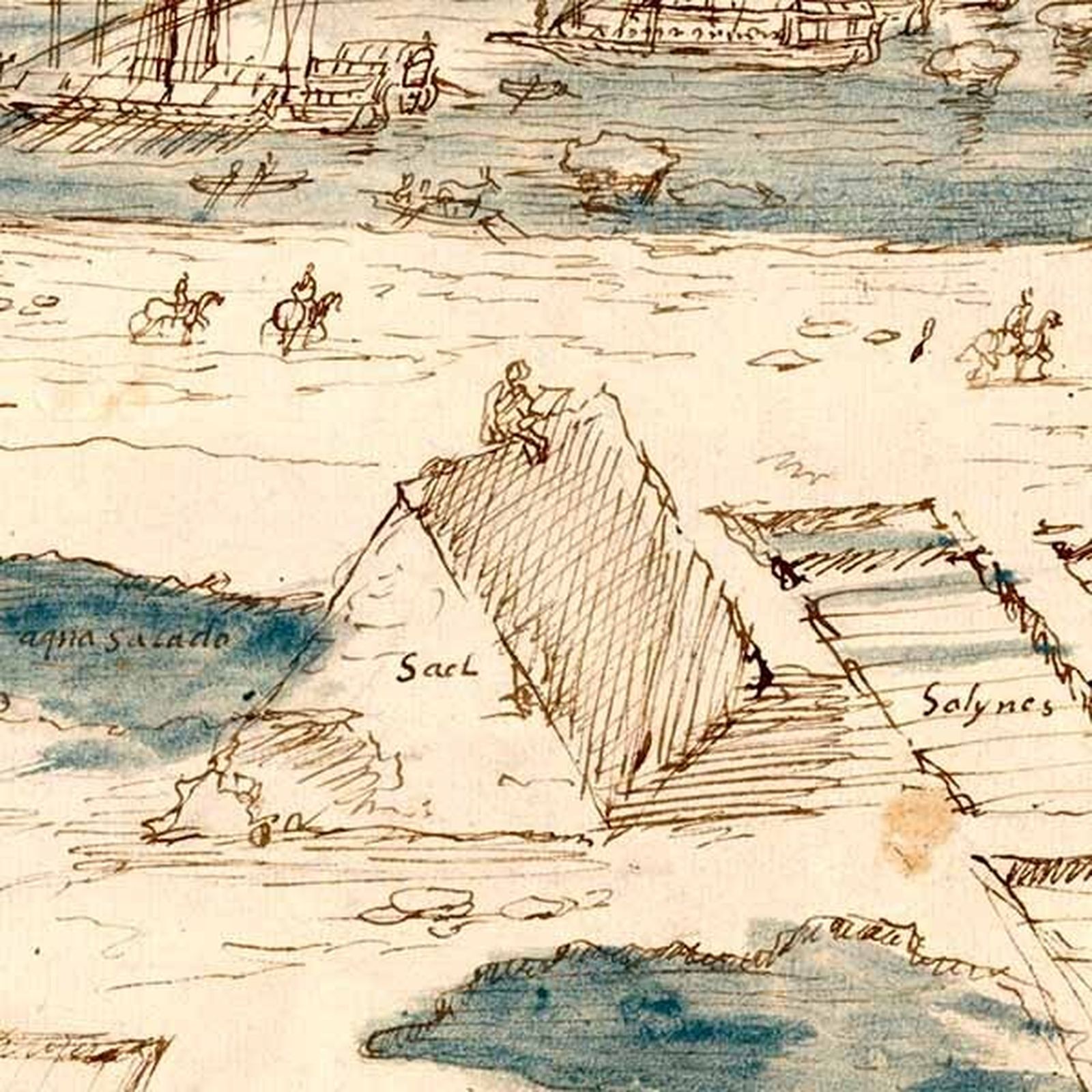 Un grabado en el que aparece una salina.