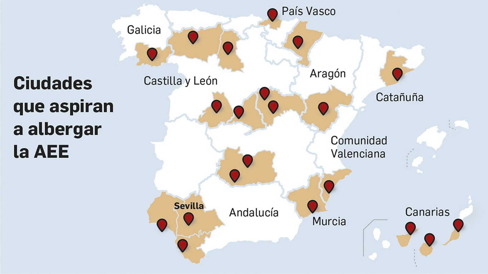 Mapa con las ciudades que aspiran a albergar la Agencia Espacial Española. Fuente: elaboración propia.