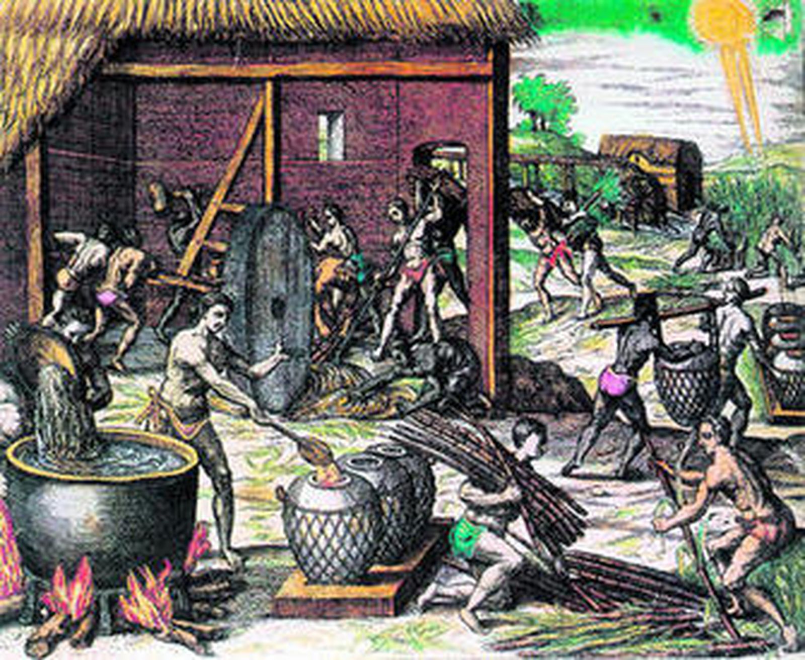 Un grabado de Teodoro de Bry que retrata a indígenas y esclavos trabajando en un ingenio azucarero.