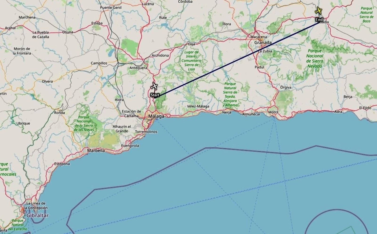 La ruta seguida por el Beechcraft 200 Super King Air 2-WKTN el pasado 23 de octubre, sobre las 10:30.