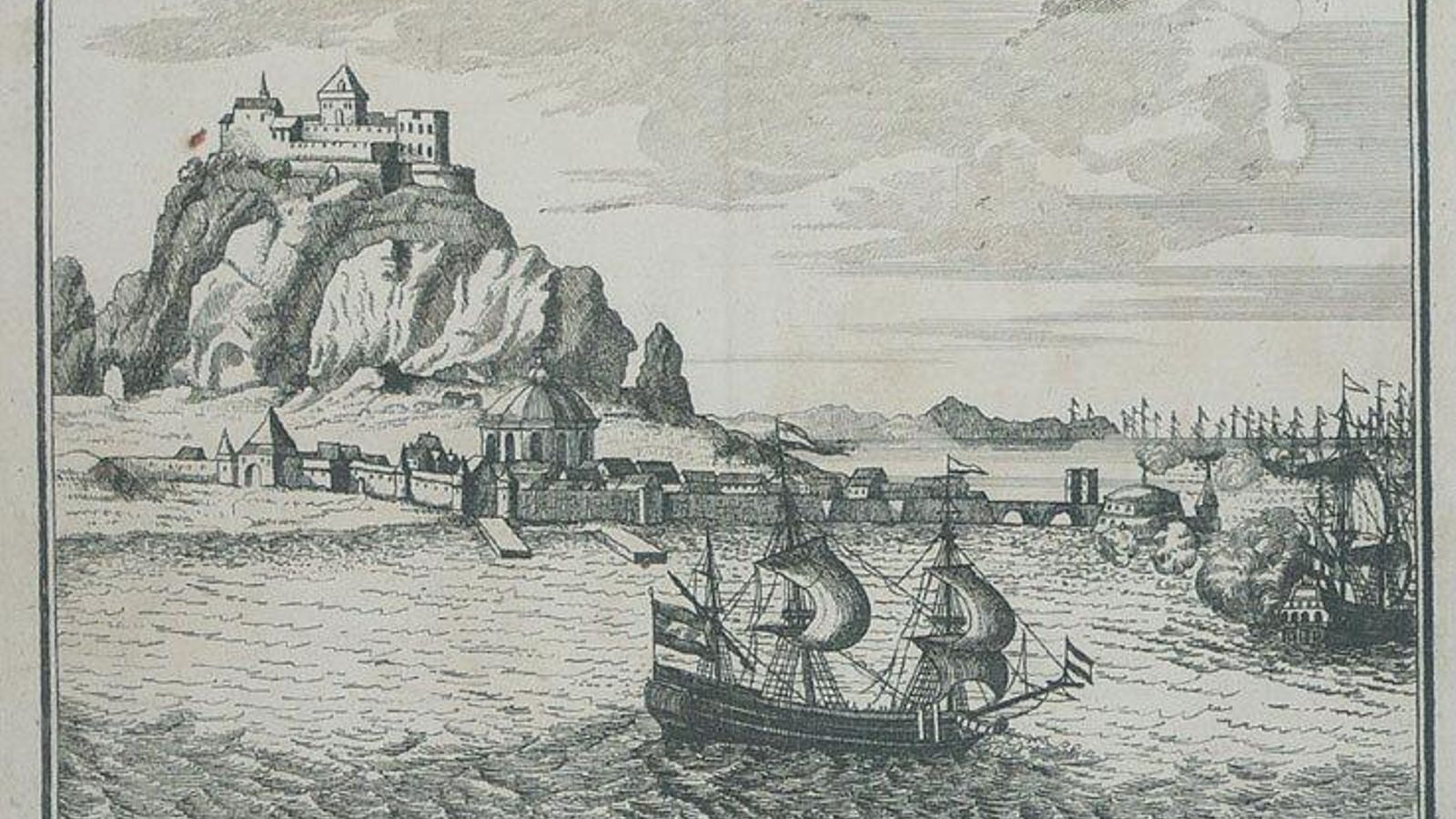 Grabado sobre la toma de Gibraltar.